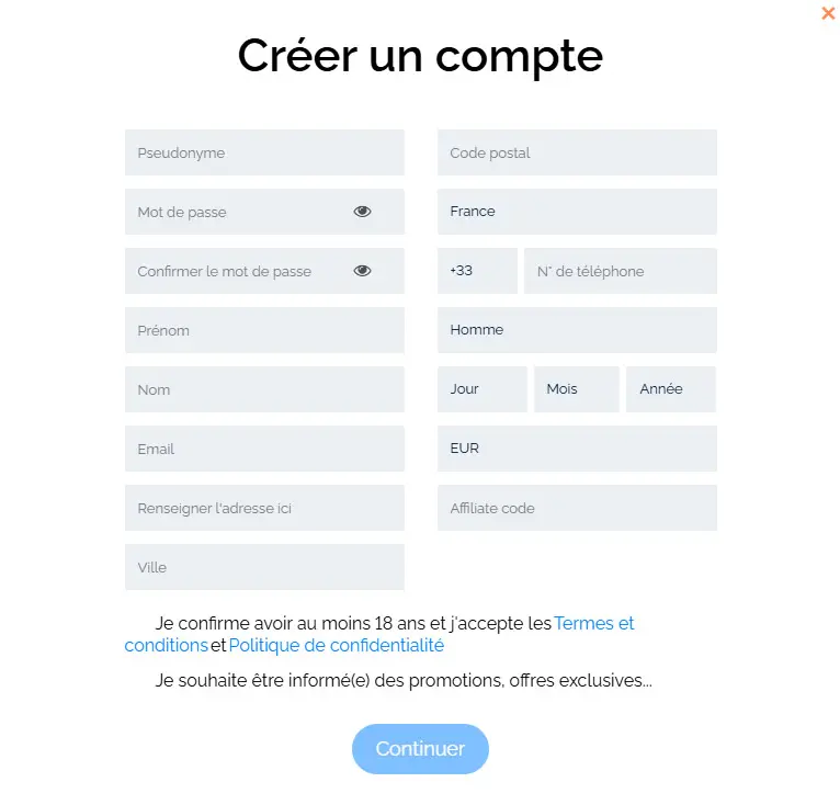Processus d'inscription WinSpark Casino